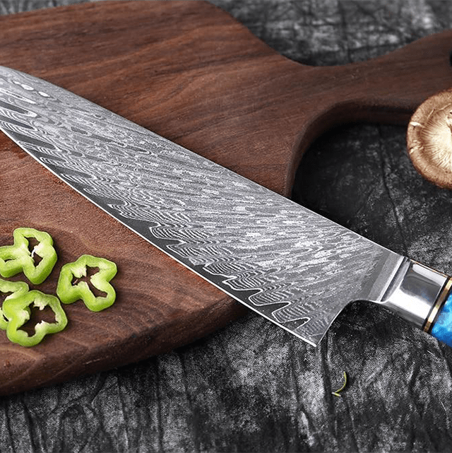 Gyuto (ぎゅうとう) Japanese Damascus Steel Knife with Coloured Blue Handle