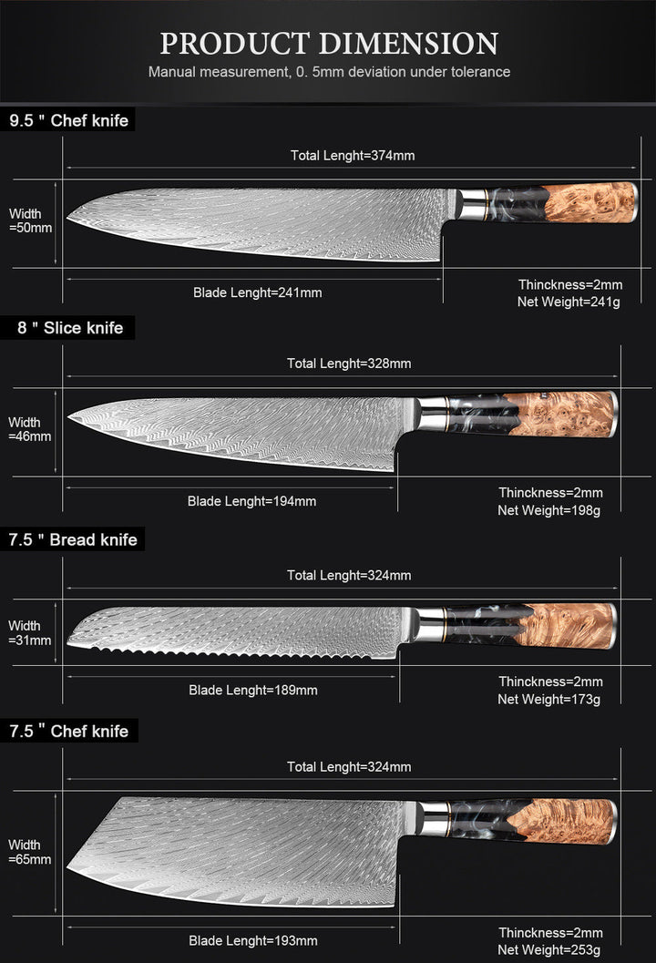 SAKUTO (作東) Japanese Damascus Steel Kitchen Knife Set With Resin Handle