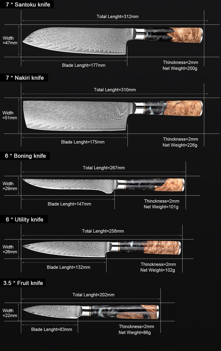SAKUTO (作東) Japanese Damascus Steel Kitchen Knife Set With Resin Handle